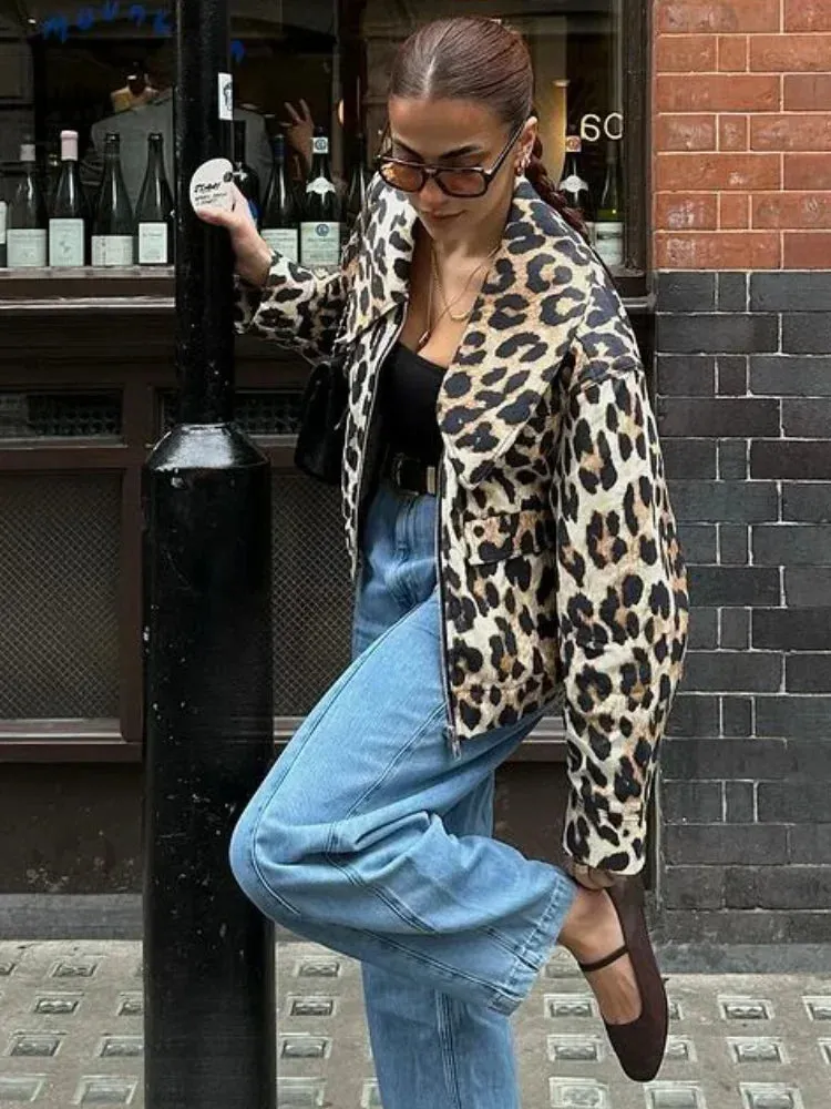 TAVIMART  -  Women Casual Leopard Print Bomber Jacket Elegant Lapel Long Sleeves Zipper Pockets Loose Coat Autumn Lady High Streetwewar