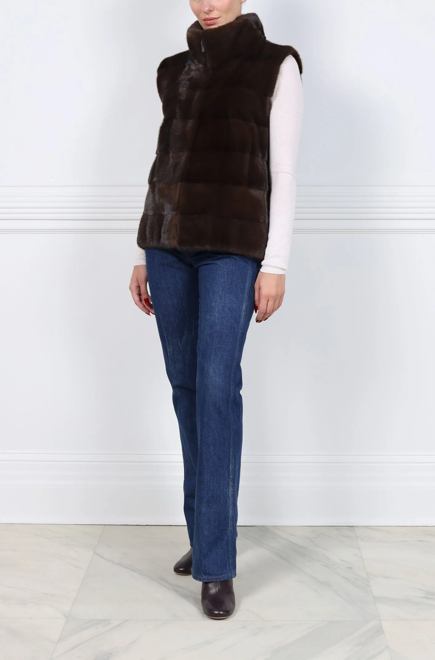 The Nina Zip Front Mink Vest in Mahogany