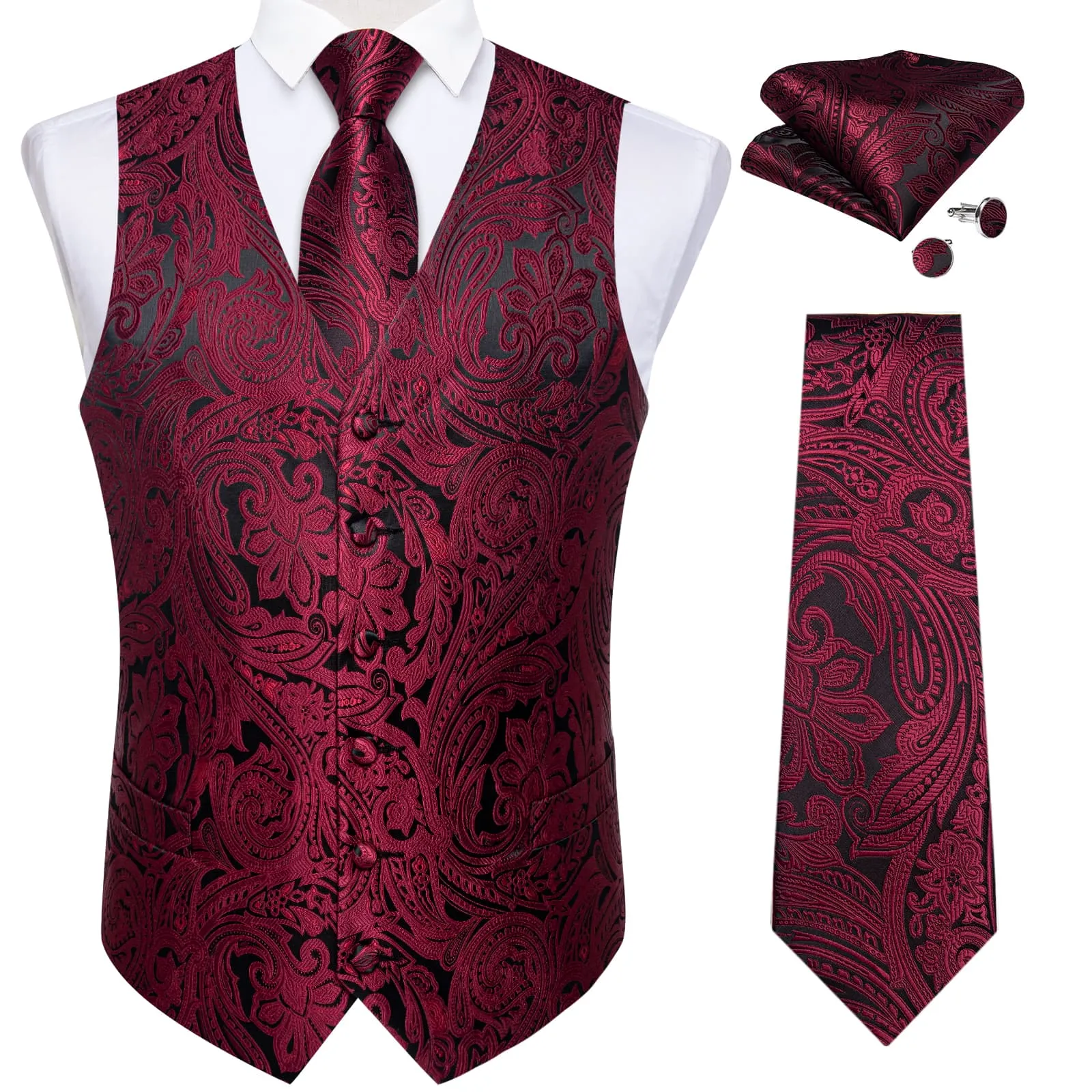 Ties2you Dress Vest Dark Wine Red Paisley V Neck Silk Mens Work Vest Tie Set