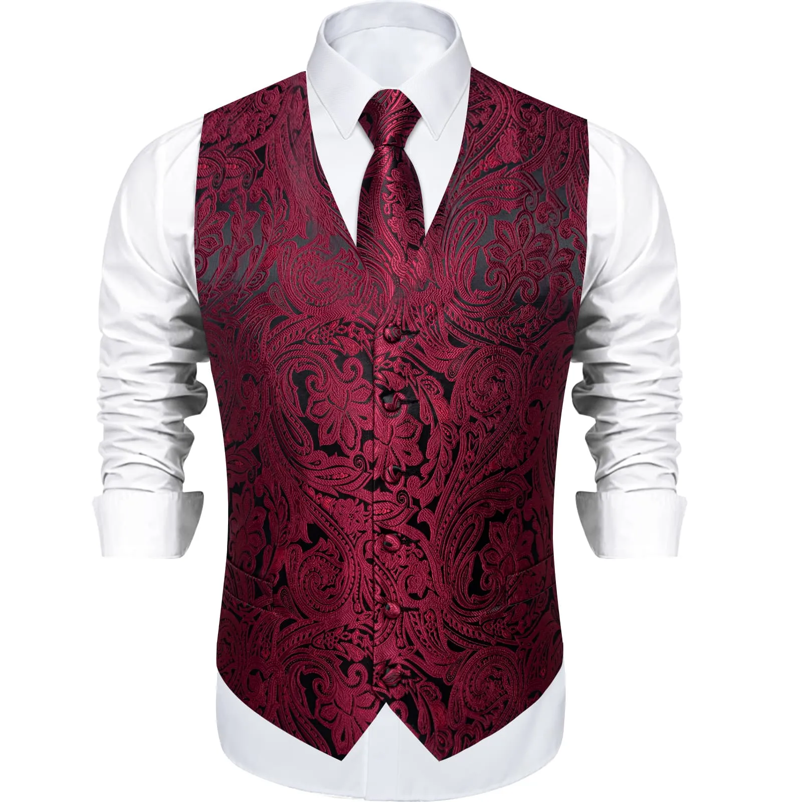 Ties2you Dress Vest Dark Wine Red Paisley V Neck Silk Mens Work Vest Tie Set