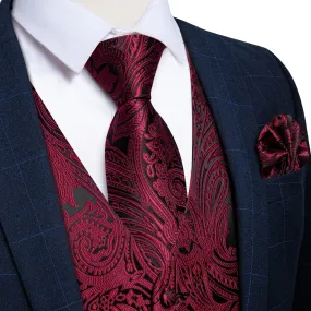 Ties2you Dress Vest Dark Wine Red Paisley V Neck Silk Mens Work Vest Tie Set