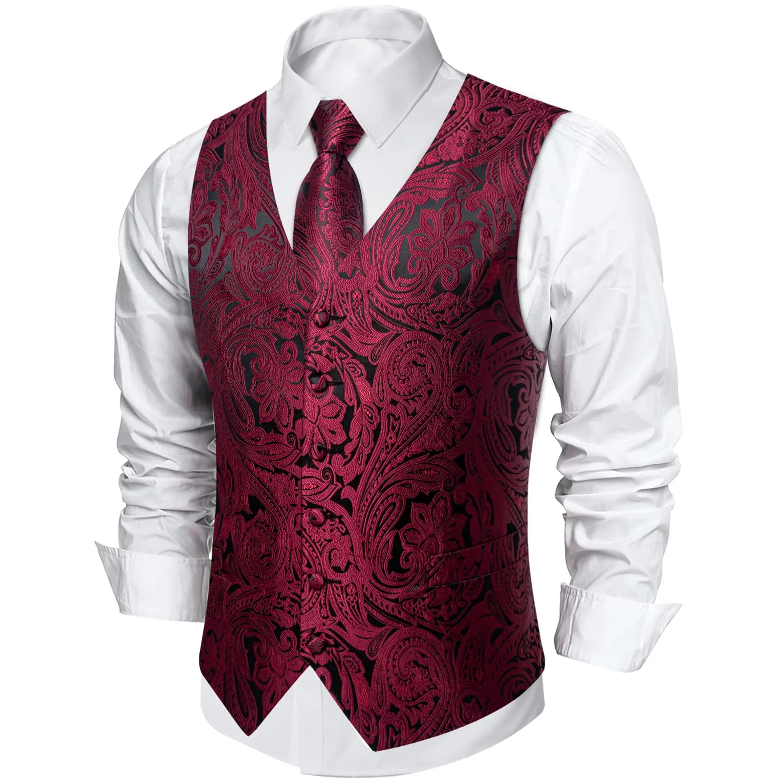 Ties2you Dress Vest Dark Wine Red Paisley V Neck Silk Mens Work Vest Tie Set