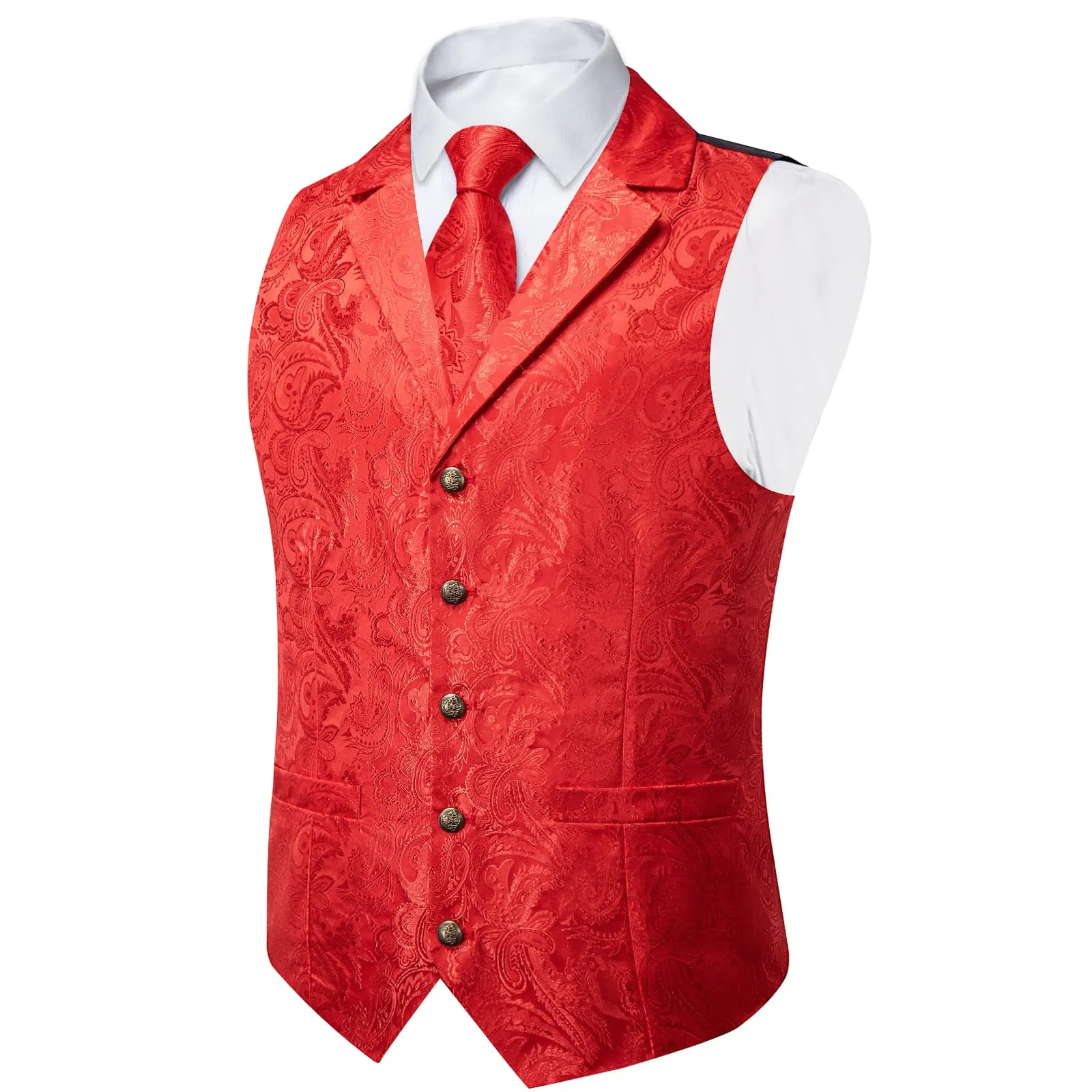 Ties2you Dress Vest Pure Red Paisley Notched Collar Silk Mens Waistcoat Tie Set