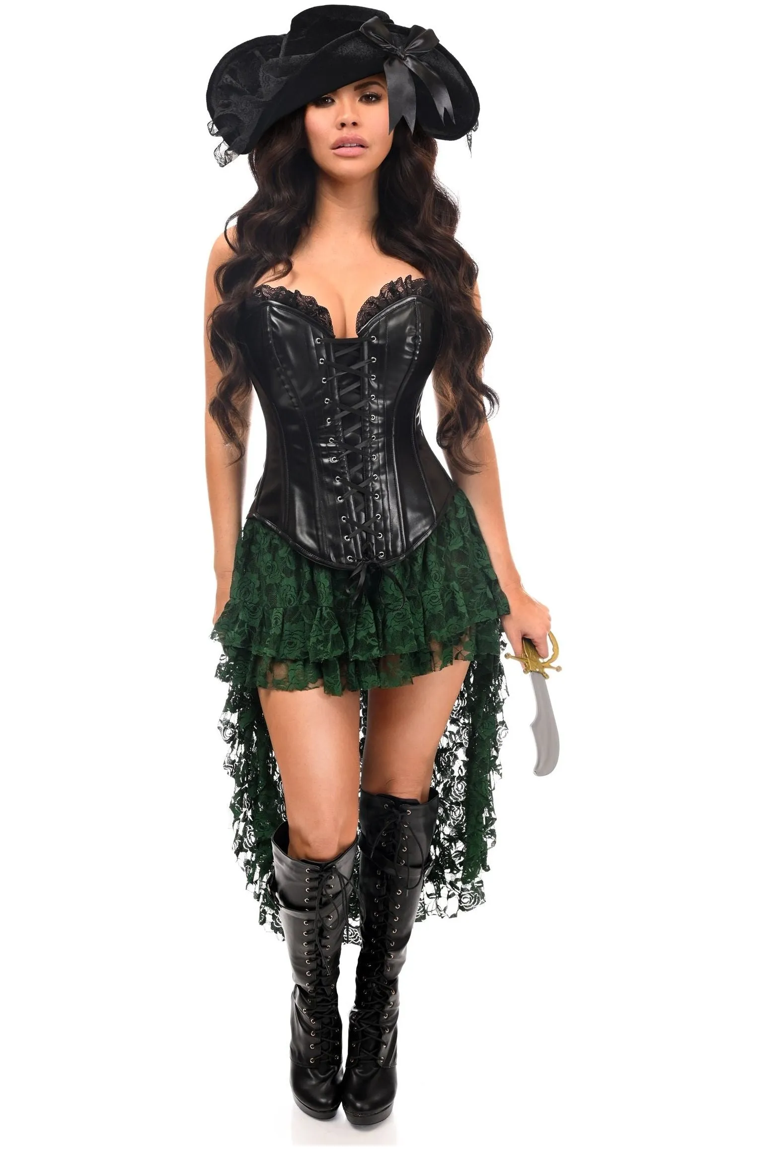 Top Drawer 4 PC Black/Green Lace Premium Pirate Corset Costume