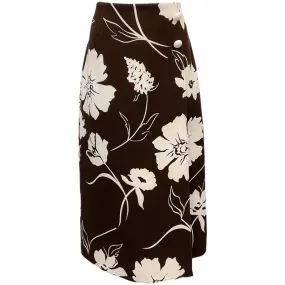 Tory Burch Deep Chocolate Daisy Printed Twill Crepe Wrap Skirt