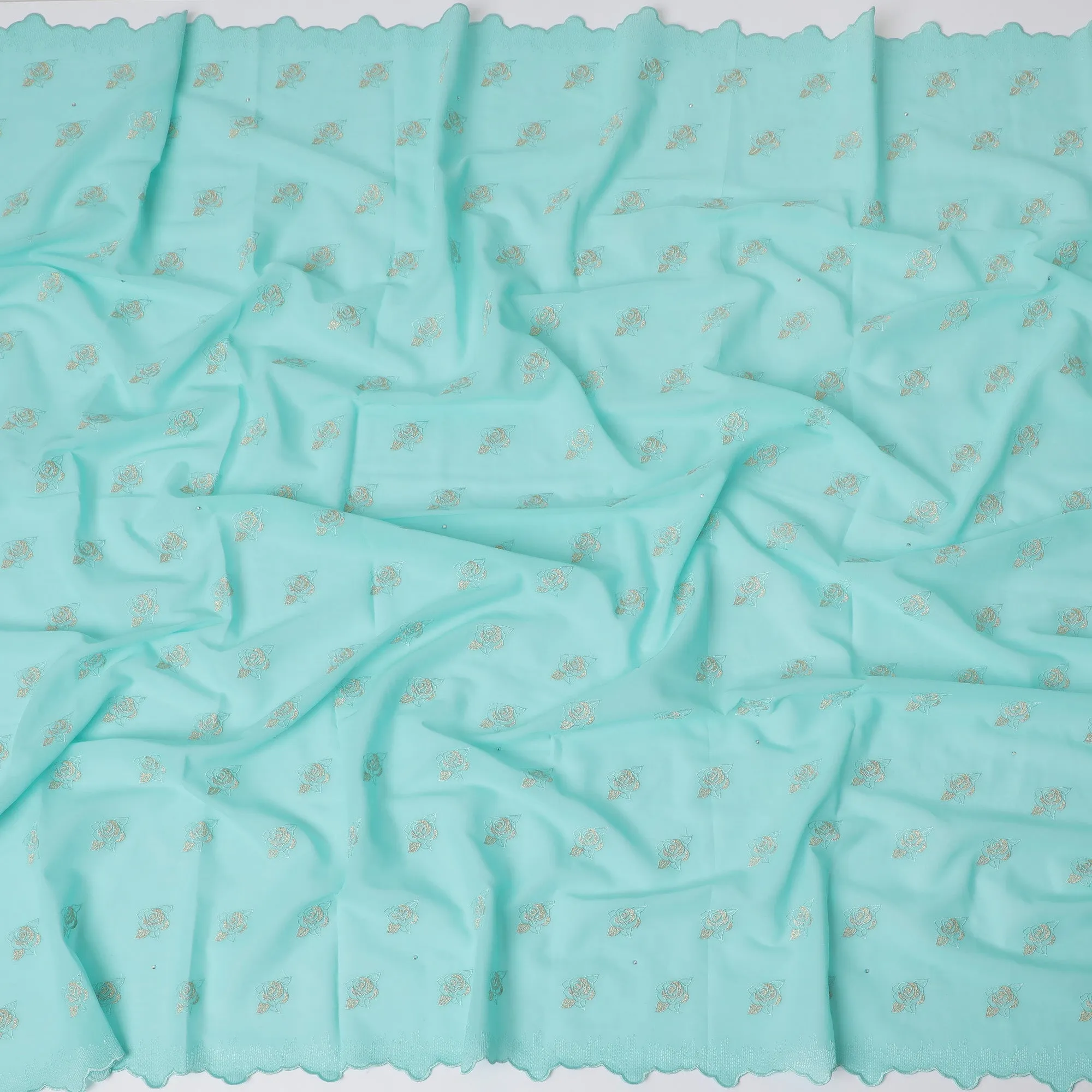 Traditional Premium Swiss Cotton Voile Embroidered Fabric - Light Turquoise, Floral Motifs, 140 cm Wide-D20191