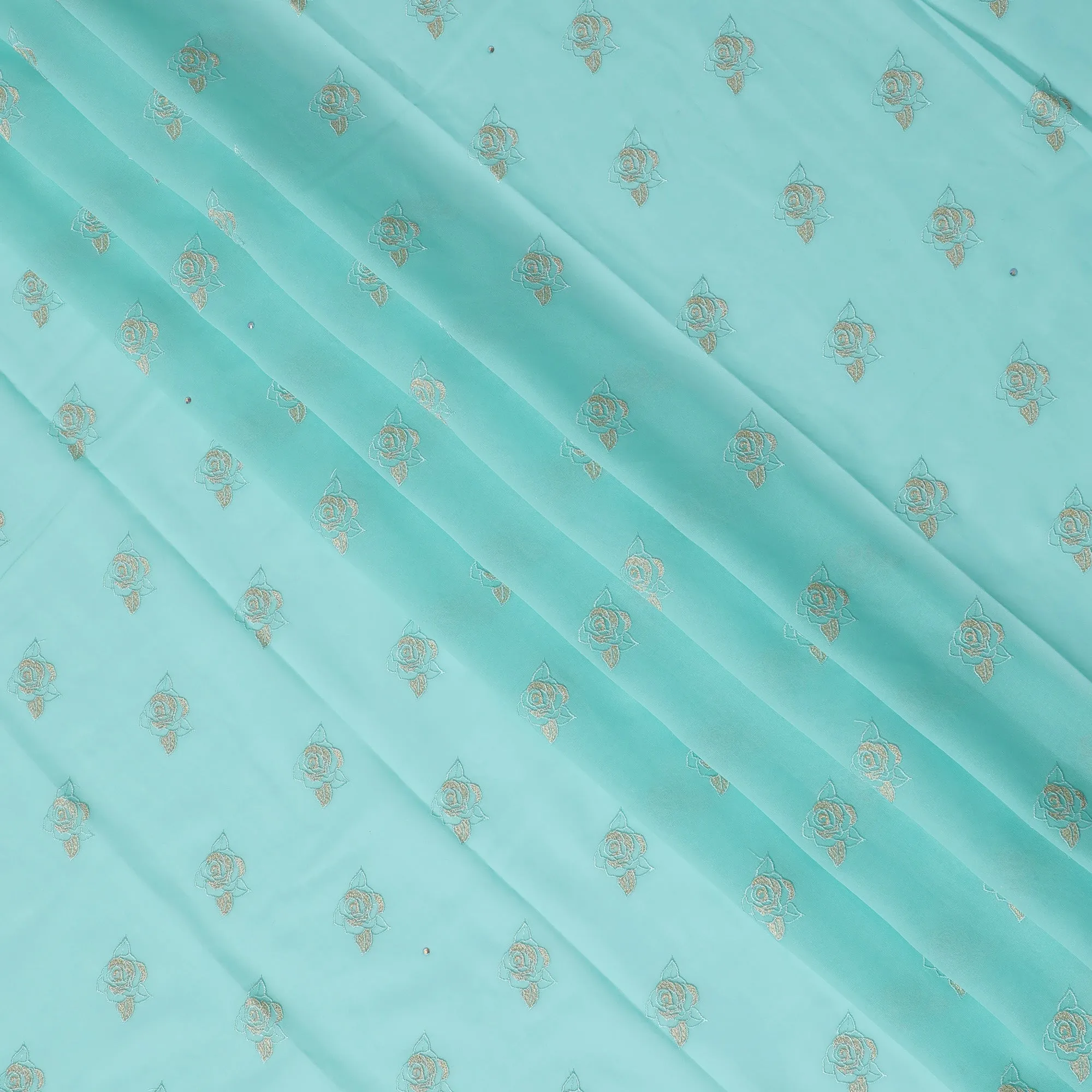 Traditional Premium Swiss Cotton Voile Embroidered Fabric - Light Turquoise, Floral Motifs, 140 cm Wide-D20191