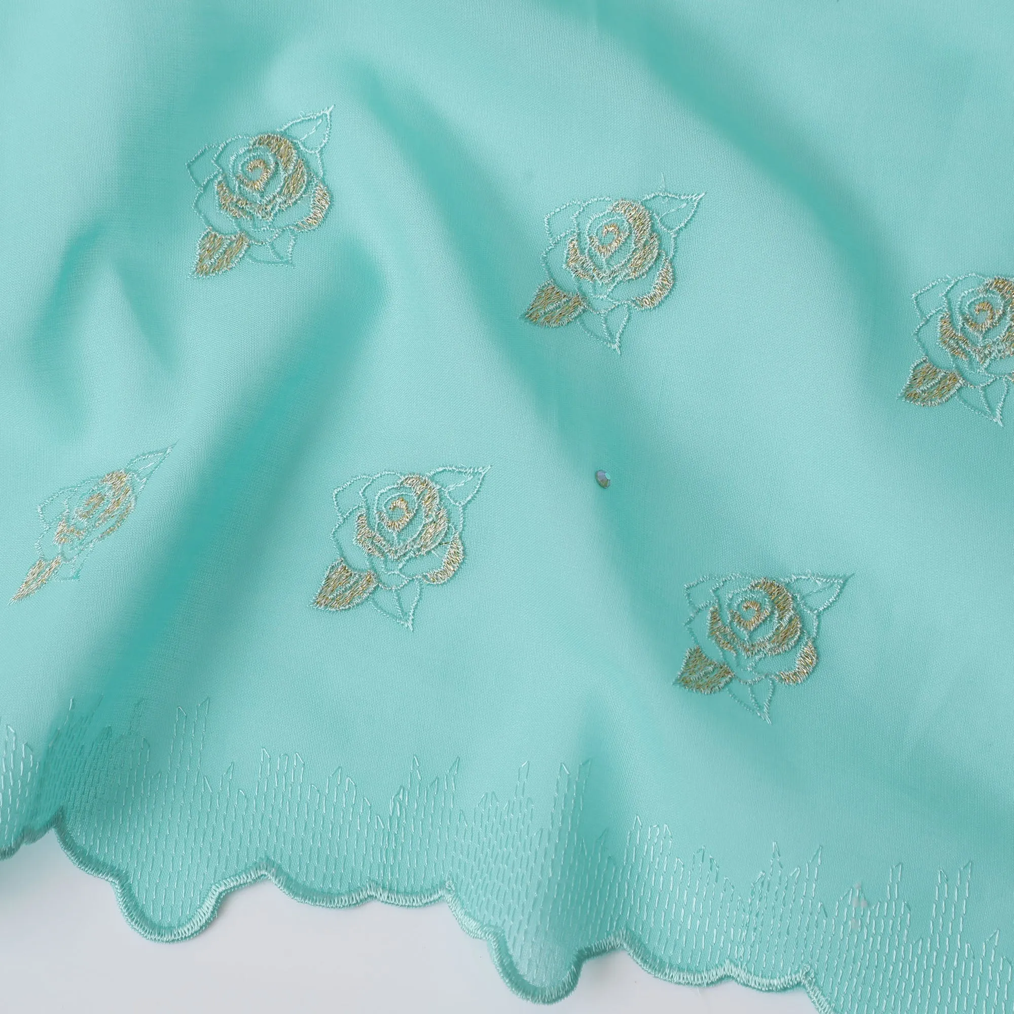 Traditional Premium Swiss Cotton Voile Embroidered Fabric - Light Turquoise, Floral Motifs, 140 cm Wide-D20191