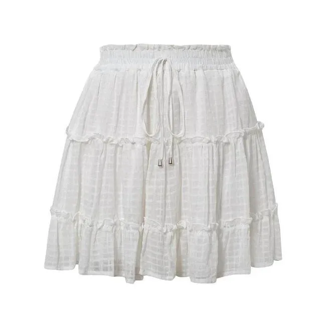 Two-Piece White Sleeveless Hollow Out Ruffle Lace Up Mini Dress Skirt   Sleeveless