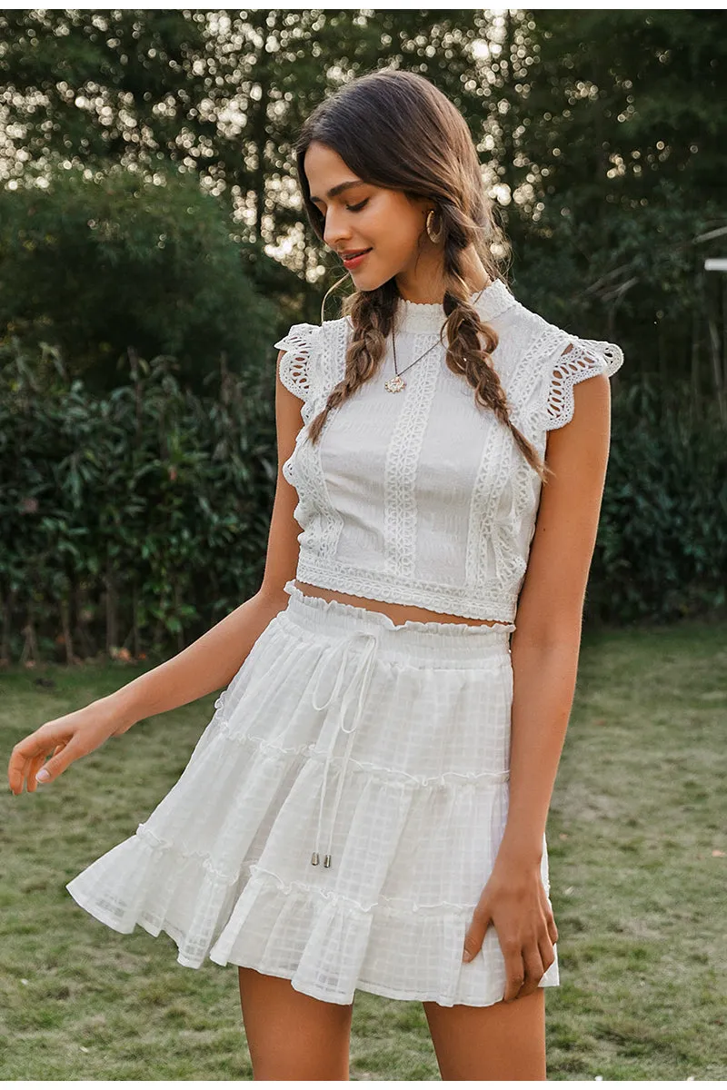 Two-Piece White Sleeveless Hollow Out Ruffle Lace Up Mini Dress Skirt   Sleeveless