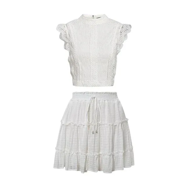 Two-Piece White Sleeveless Hollow Out Ruffle Lace Up Mini Dress Skirt   Sleeveless