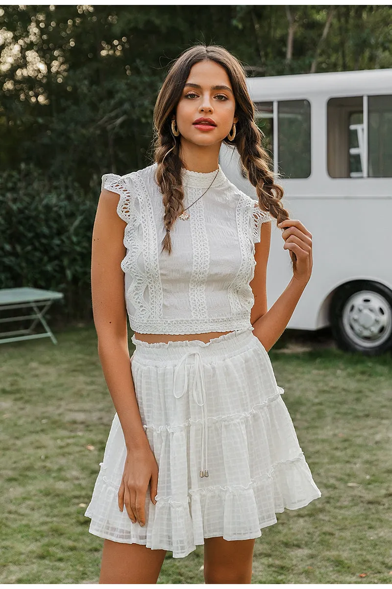 Two-Piece White Sleeveless Hollow Out Ruffle Lace Up Mini Dress Skirt   Sleeveless