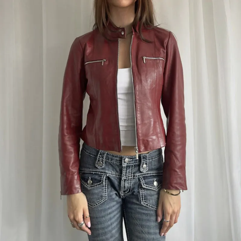 Uniwim 2000s fashion Punk Motorcycle Style Retro Red Leather Jacket New Casual Stand Collar Zipper Leather Coat for Women Autumn