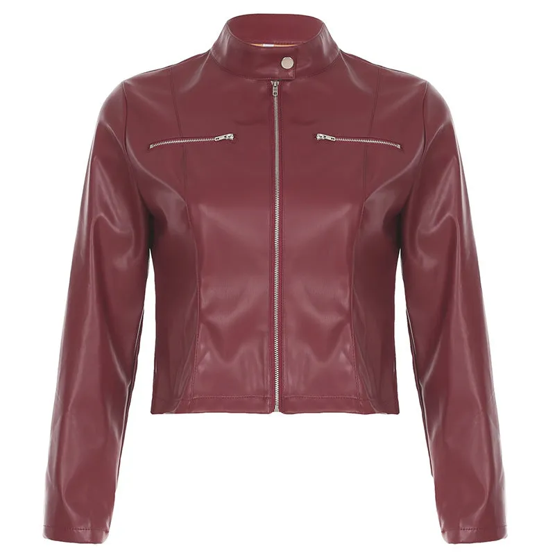 Uniwim 2000s fashion Punk Motorcycle Style Retro Red Leather Jacket New Casual Stand Collar Zipper Leather Coat for Women Autumn