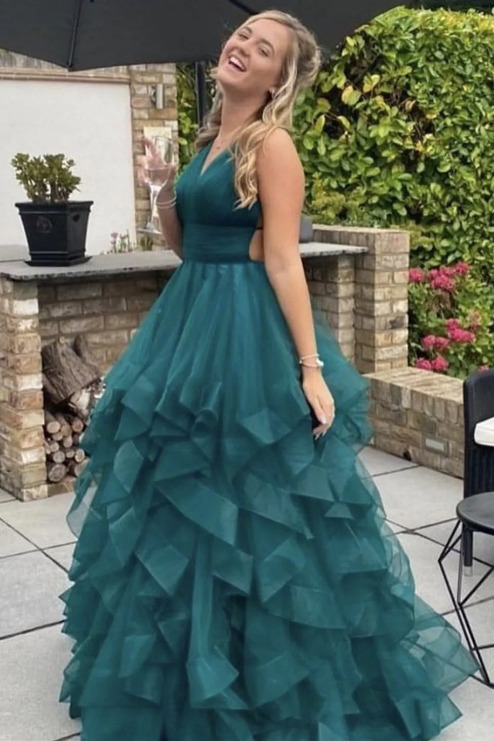 V Neck Backless Fluffy Green Long Prom Dress, Backless Green Formal Evening Dress, Green Ball Gown A1301