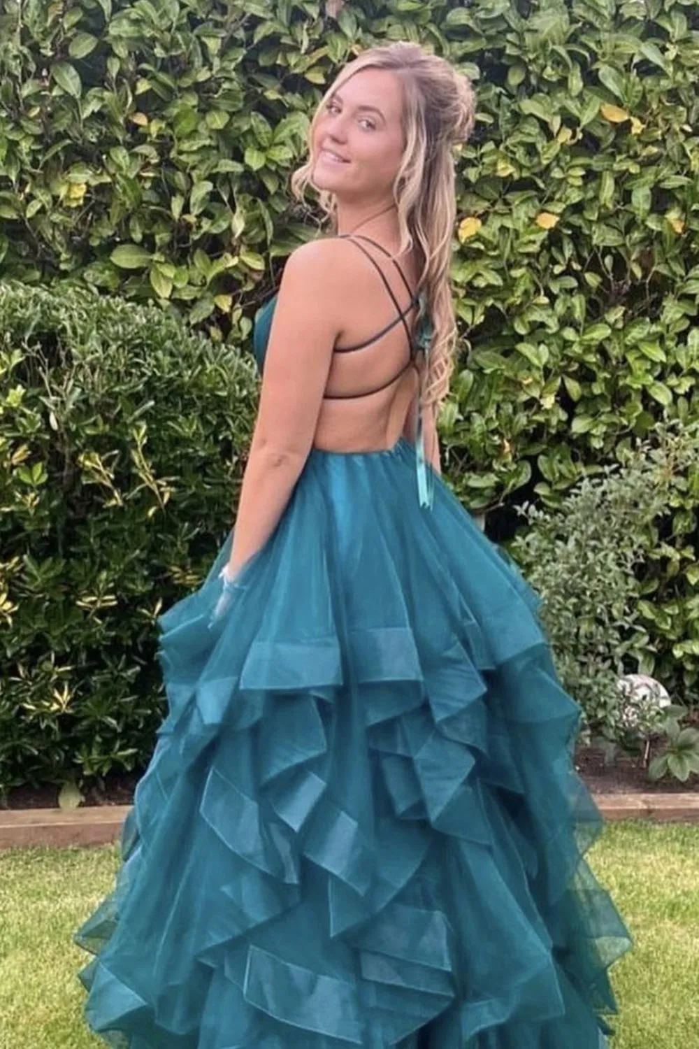 V Neck Backless Fluffy Green Long Prom Dress, Backless Green Formal Evening Dress, Green Ball Gown A1301