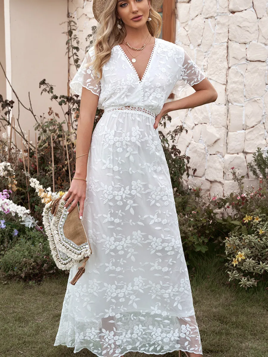 V-neck Lace Hollow Long Dress