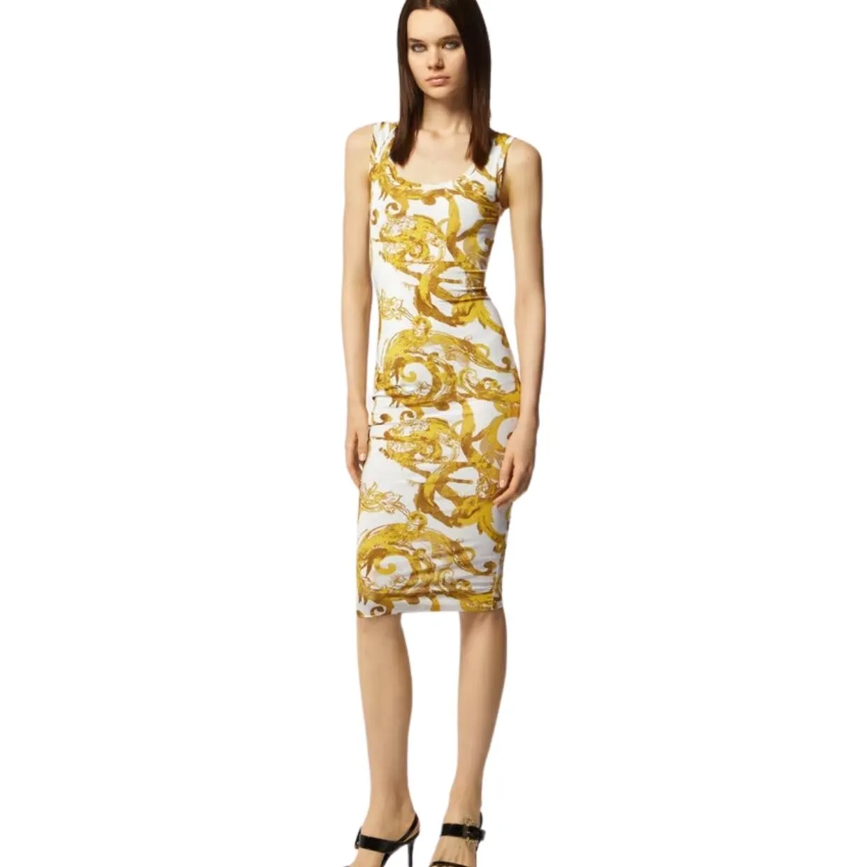 Versace Jeans Couture Watercolour Barocco White Midi Dress