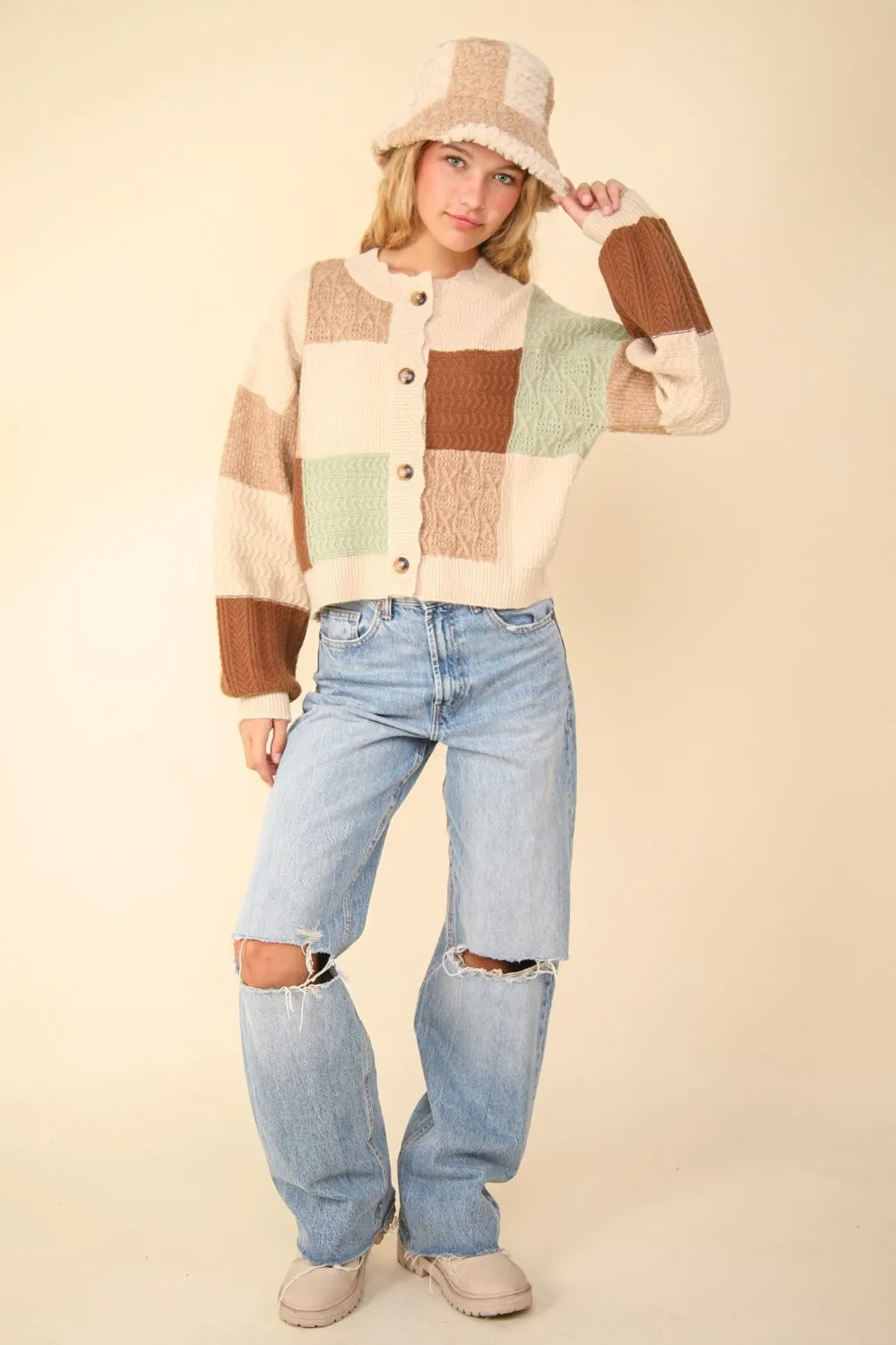 VERY J Color Block Button Down Textured Sweater Cardigan