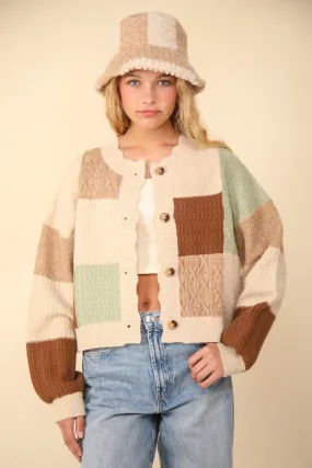 VERY J Color Block Button Down Textured Sweater Cardigan