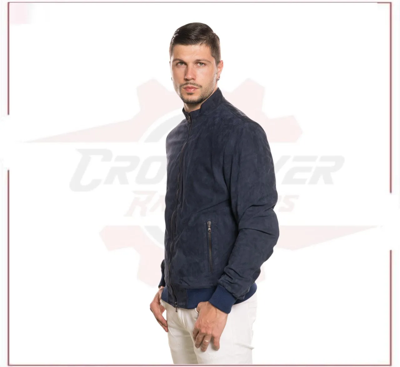 Victor - Men's Bomber Jacket in Genuine Dark Blue Suede Leather