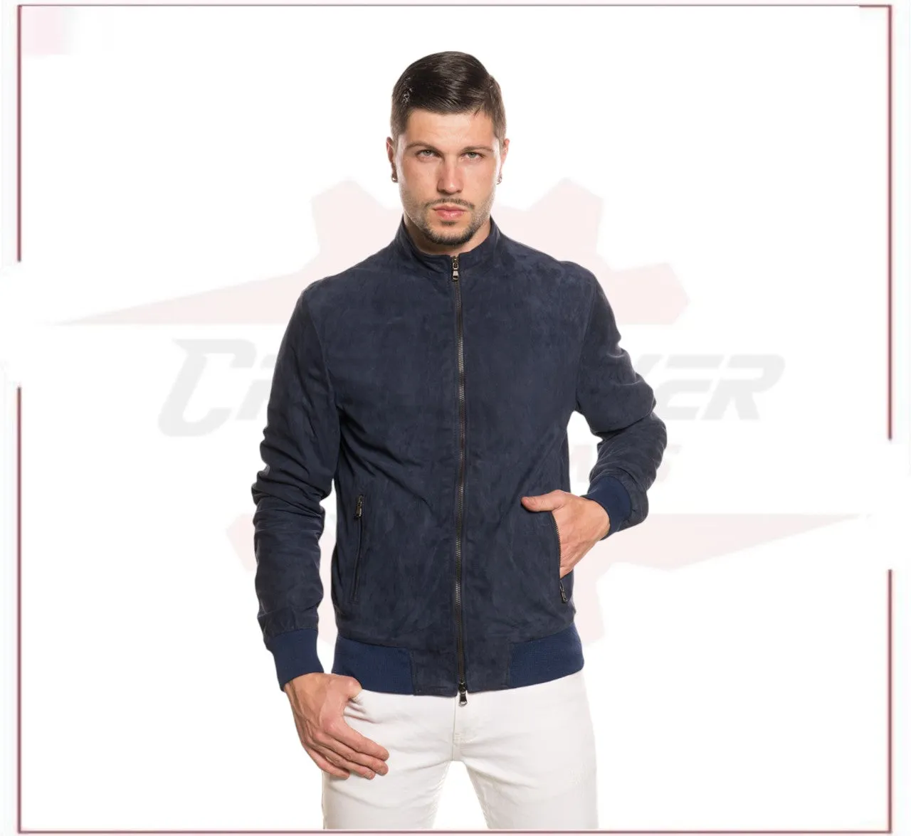 Victor - Men's Bomber Jacket in Genuine Dark Blue Suede Leather