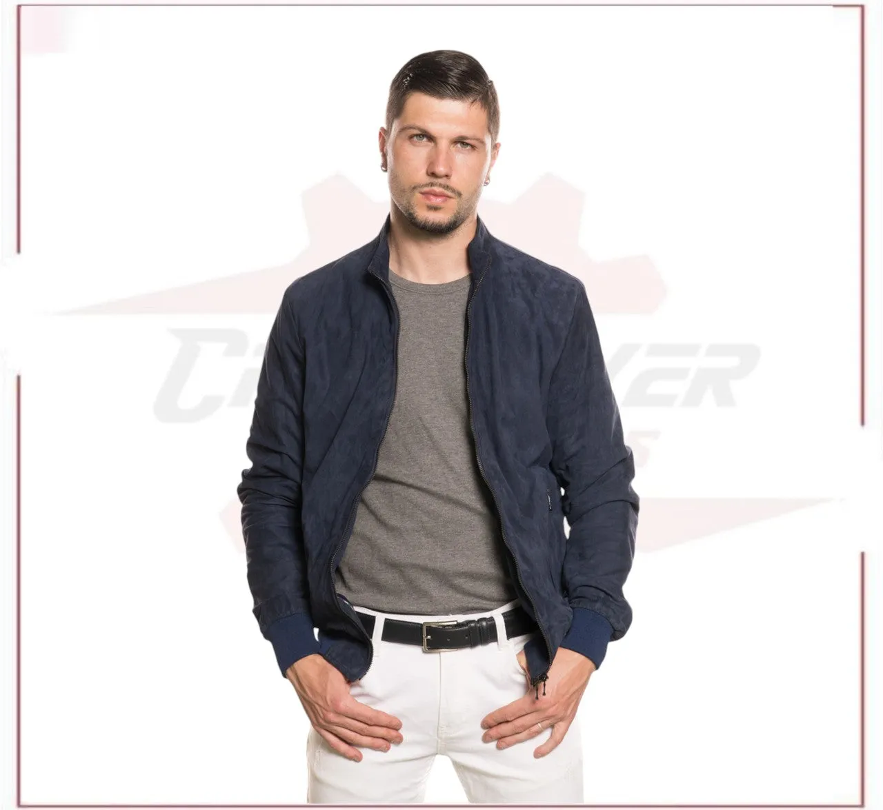 Victor - Men's Bomber Jacket in Genuine Dark Blue Suede Leather