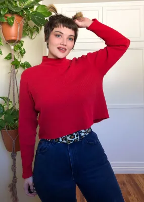 Vintage Red Ribbed Turtleneck with Raw Cut Hem - XL/2X