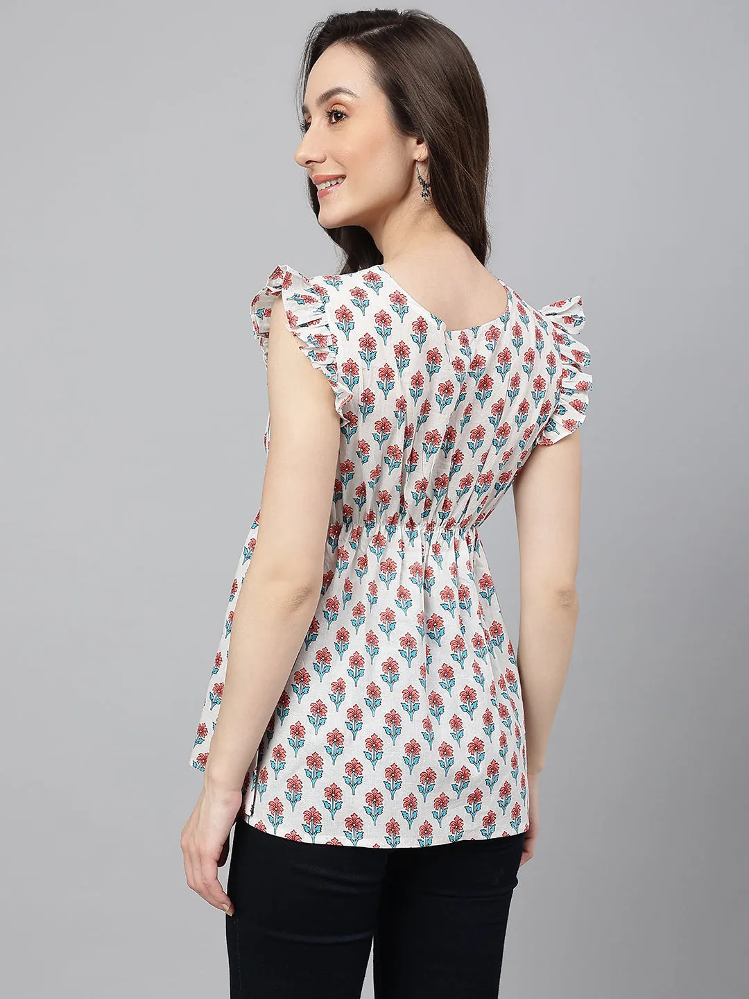 White Cotton Floral Print Flared Top