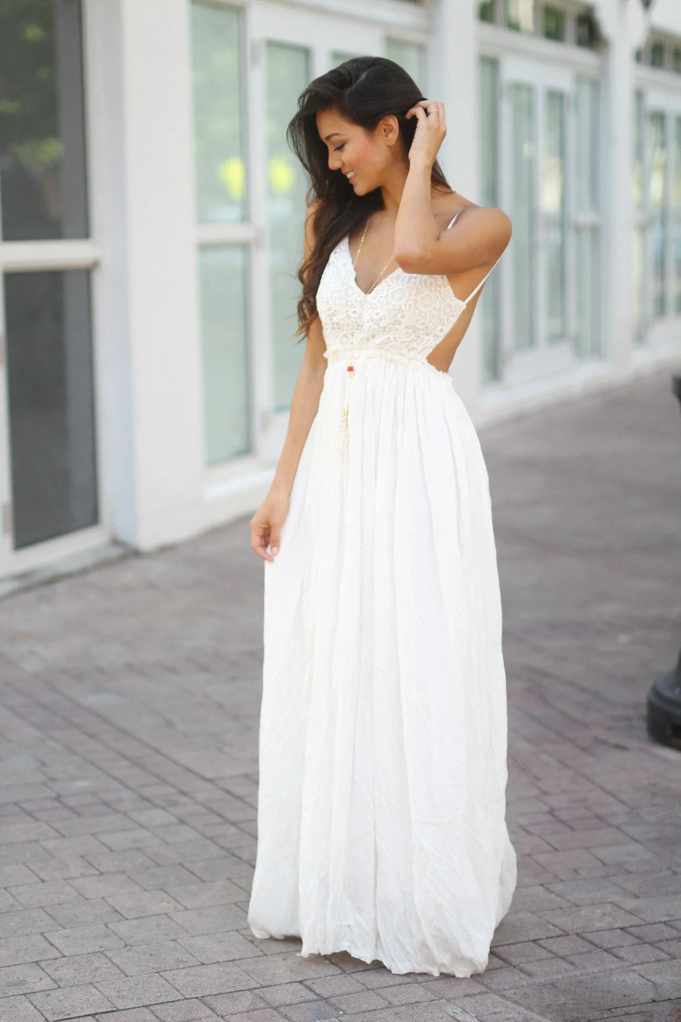 White Lace Maxi Dress with Open Back and Frayed Hem