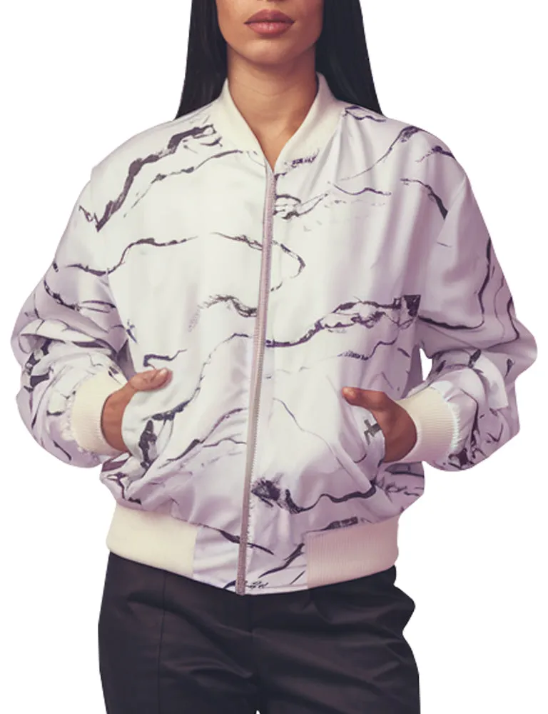 White Marble Print Casual Style Bomber Jacket