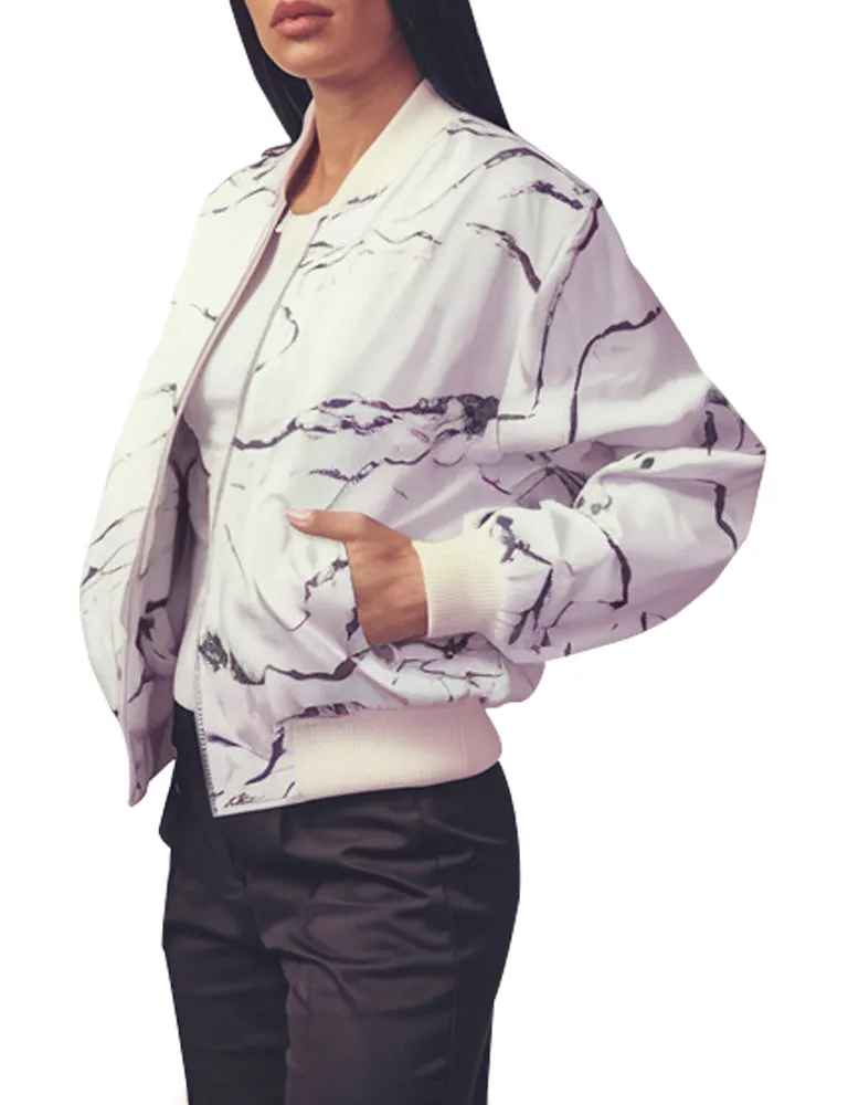 White Marble Print Casual Style Bomber Jacket