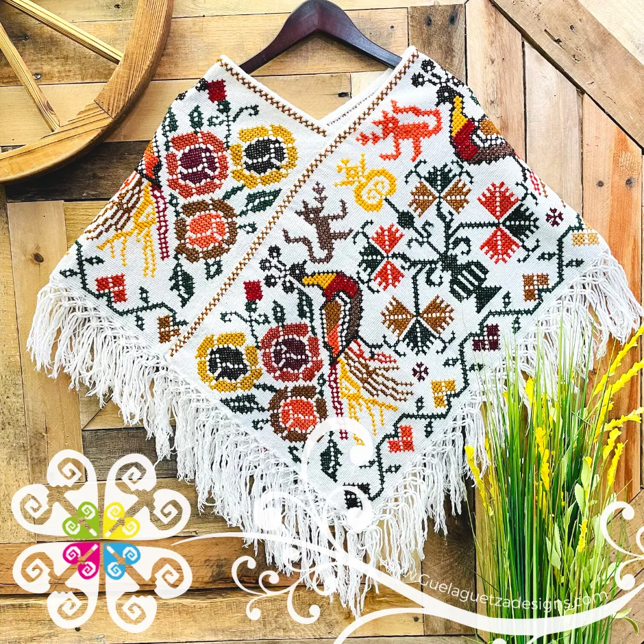 White Peacock Design Embroider Poncho - Mañanita