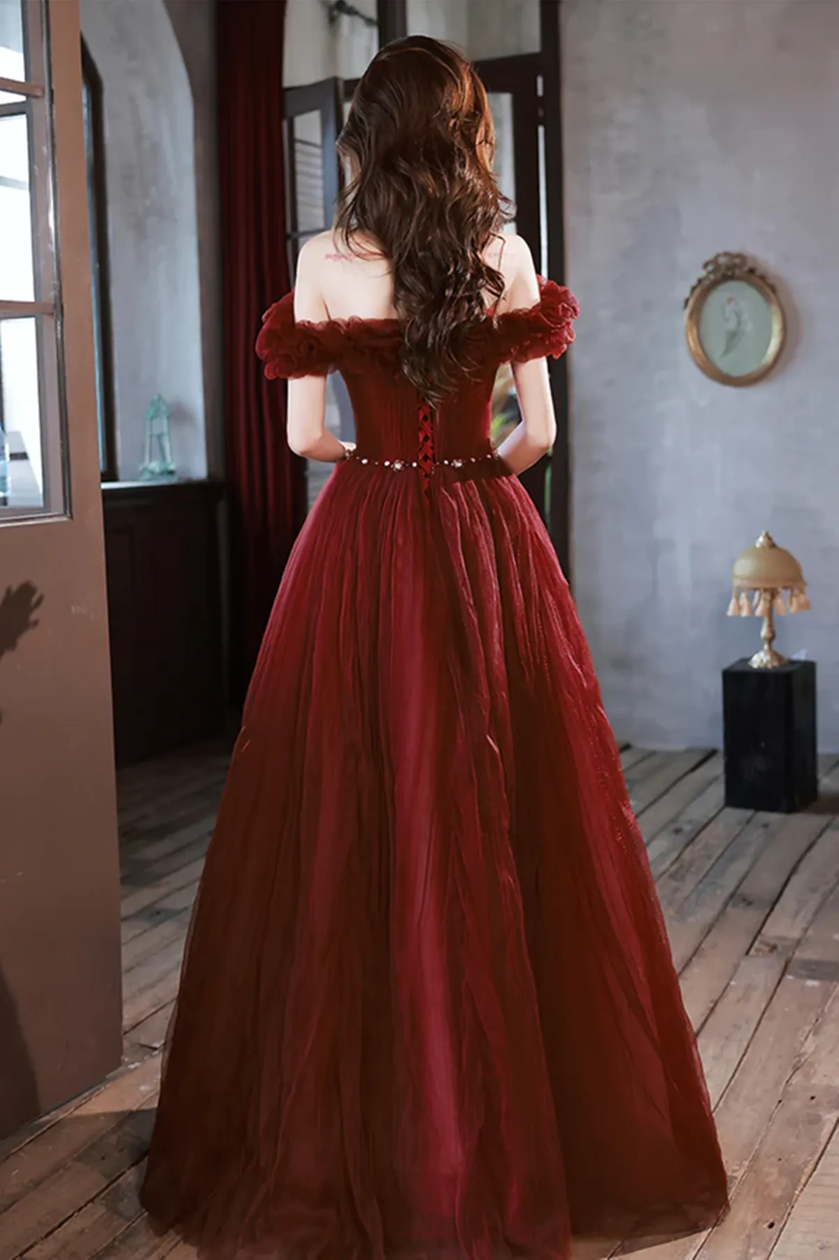 Wine Red Off Shoulder Tulle Long Party Dress, Wine Red Long Formal Dress