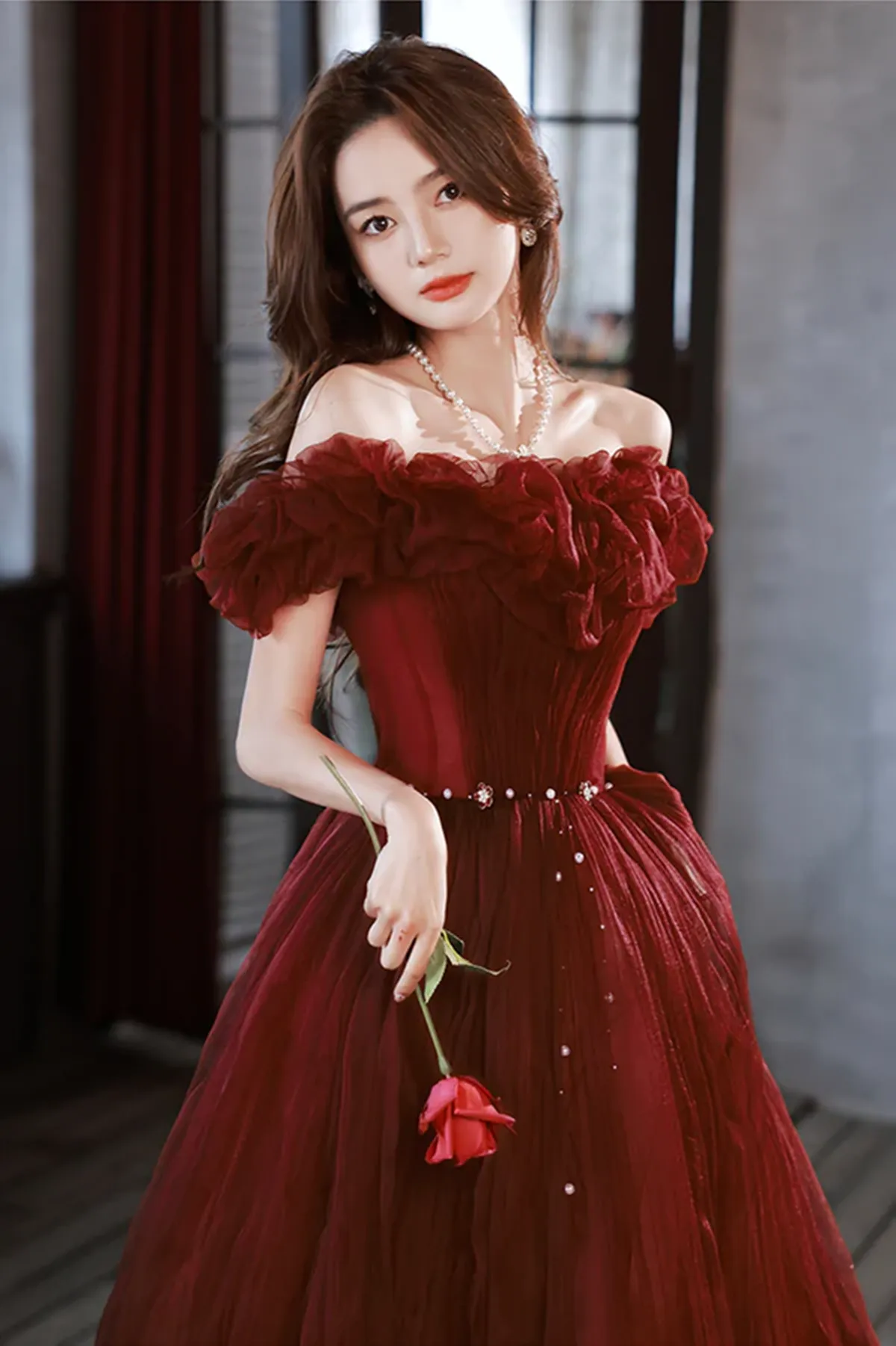 Wine Red Off Shoulder Tulle Long Party Dress, Wine Red Long Formal Dress