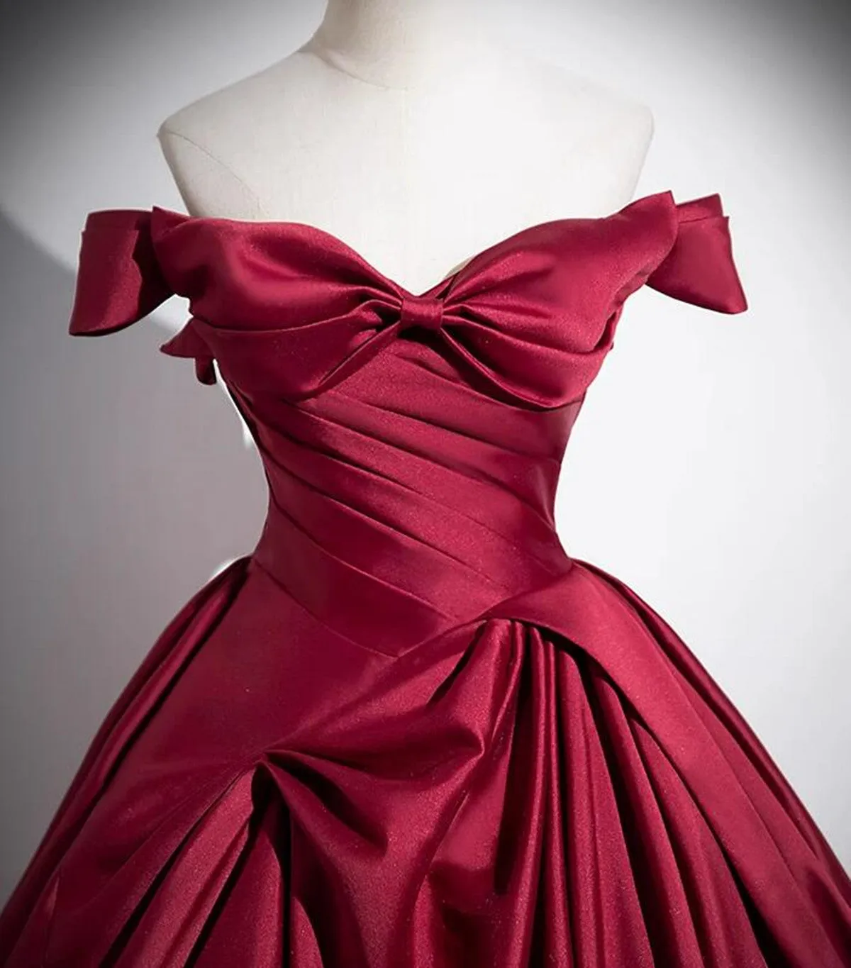 Wine Red Satin Off Shoulder Floor Length Party Dress, Wine Red Evening Dress