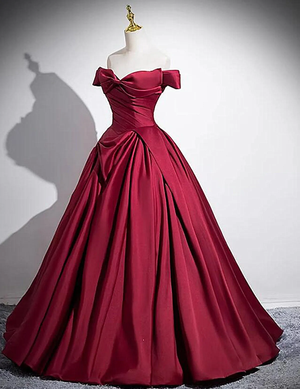 Wine Red Satin Off Shoulder Floor Length Party Dress, Wine Red Evening Dress