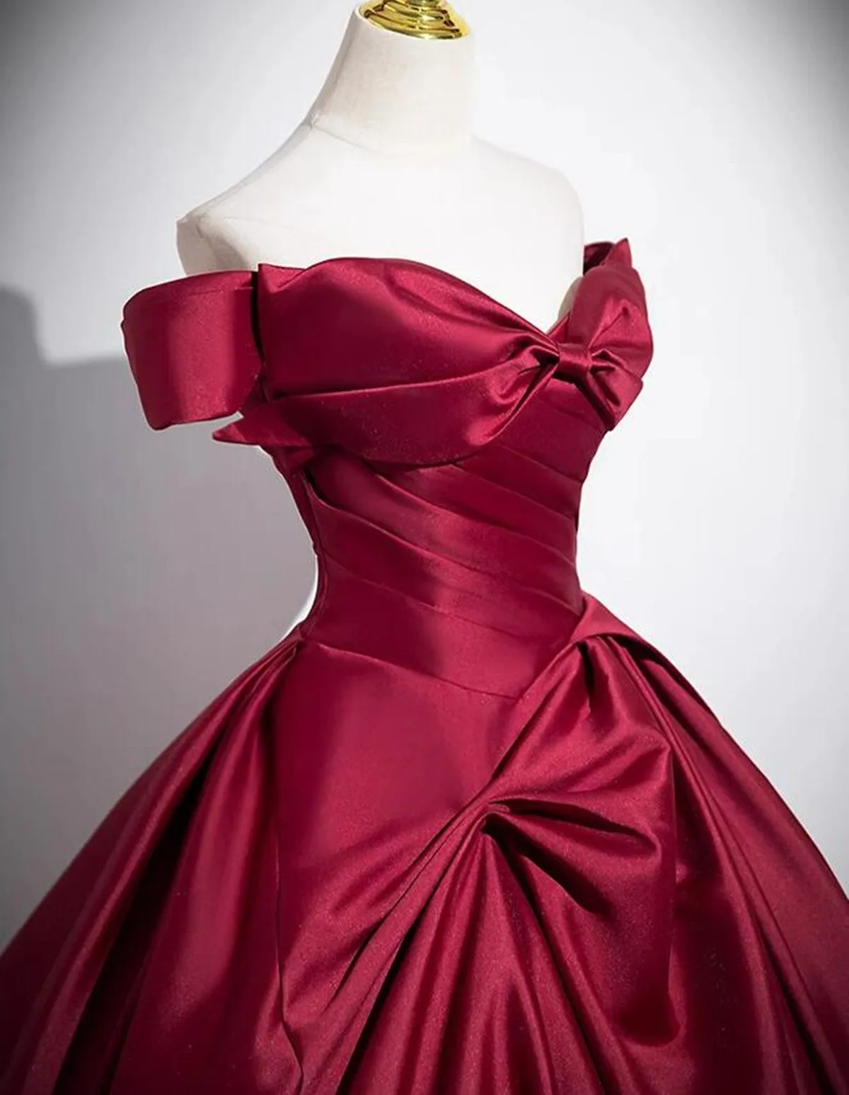 Wine Red Satin Off Shoulder Floor Length Party Dress, Wine Red Evening Dress