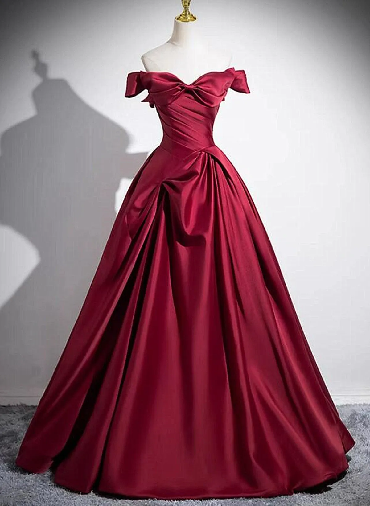 Wine Red Satin Off Shoulder Floor Length Party Dress, Wine Red Evening Dress