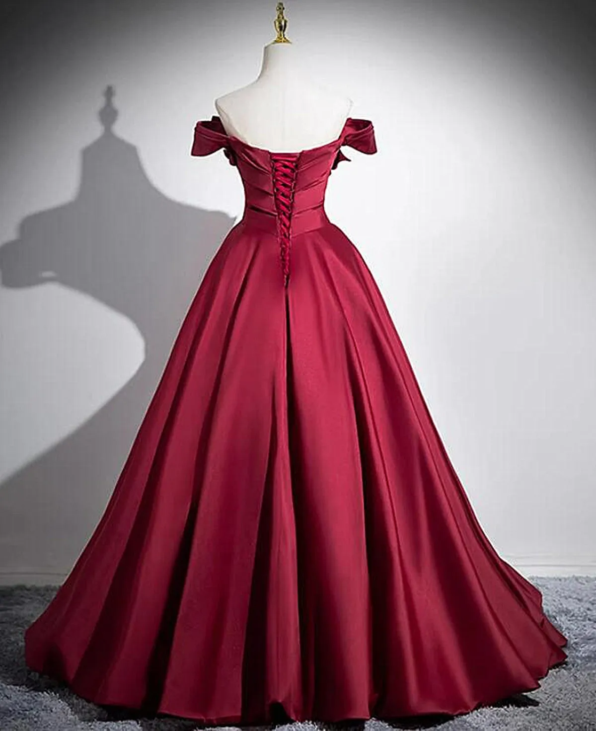 Wine Red Satin Off Shoulder Floor Length Party Dress, Wine Red Evening Dress