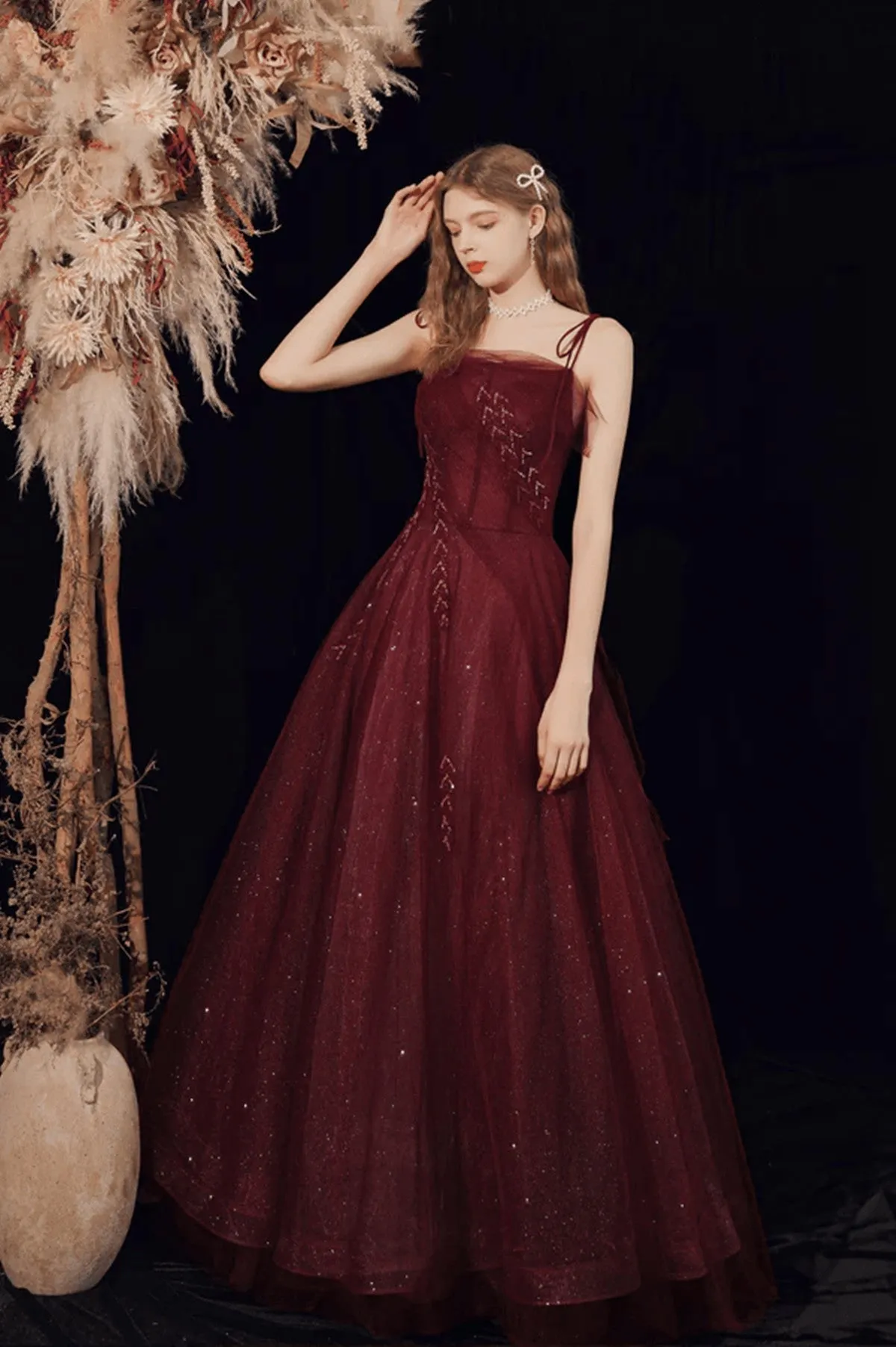 Wine Red Straps Tulle Beaded Long Prom Dress, Wine Red A-line Formal Dress