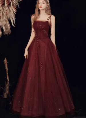 Wine Red Straps Tulle Beaded Long Prom Dress, Wine Red A-line Formal Dress