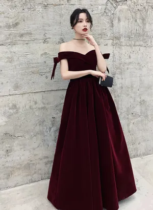 Wine Red Velvet Off Shoulder Party Dress, A-line Velvet Bridesmaid Dress Prom Dress