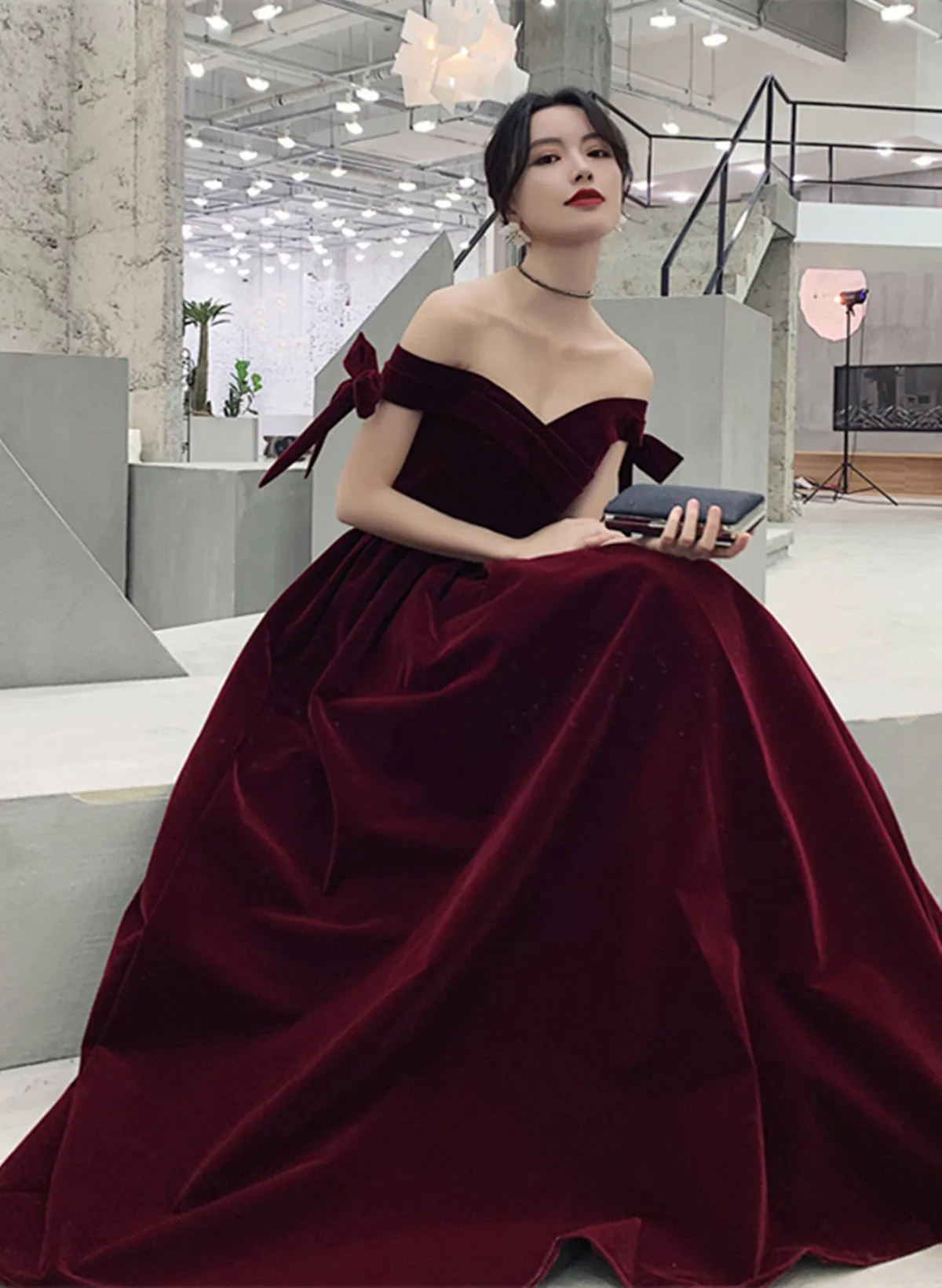 Wine Red Velvet Off Shoulder Party Dress, A-line Velvet Bridesmaid Dress Prom Dress