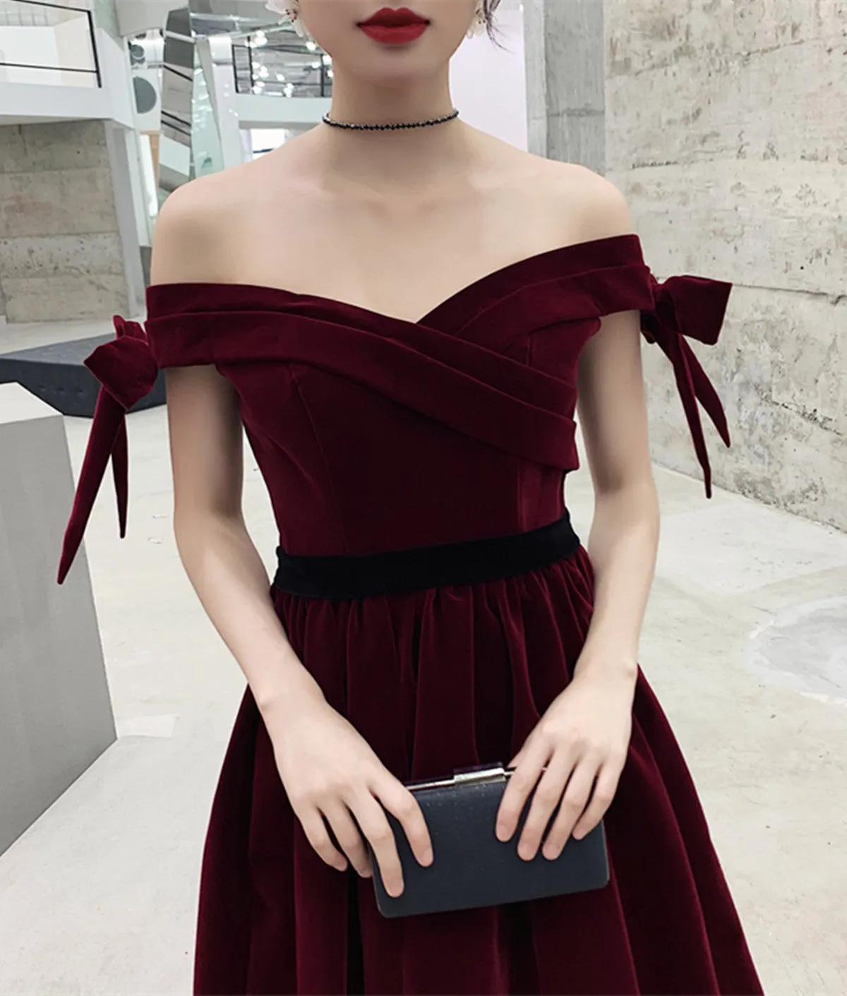 Wine Red Velvet Off Shoulder Party Dress, A-line Velvet Bridesmaid Dress Prom Dress