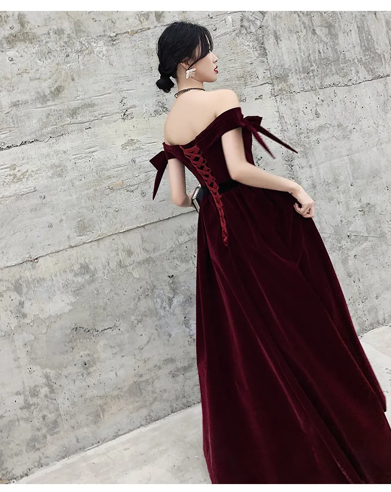 Wine Red Velvet Off Shoulder Party Dress, A-line Velvet Bridesmaid Dress Prom Dress