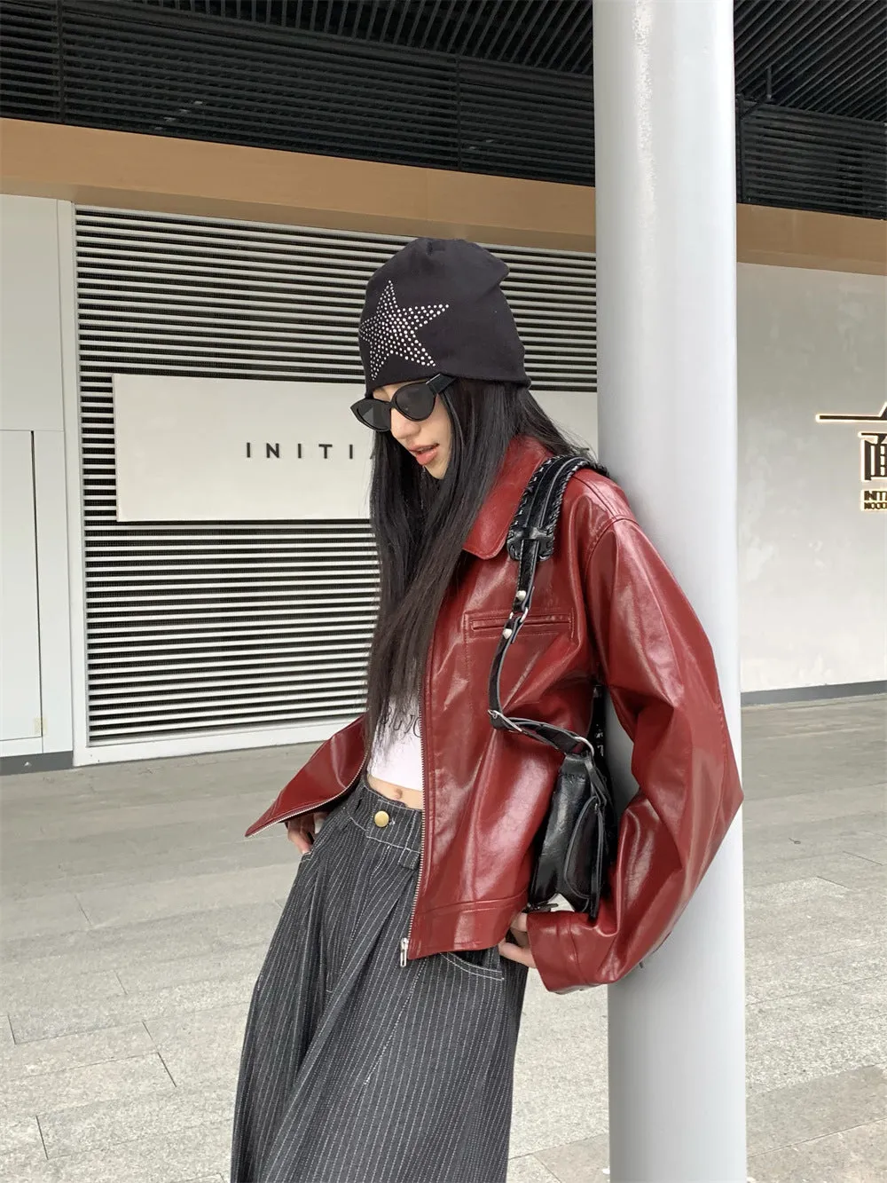 Wjczt 2024 fall fashion trends 2024 New American Retro Red Lapel Leather Coat Women's Early Autumn New Sweet Cool Girl Loose Jacket Top