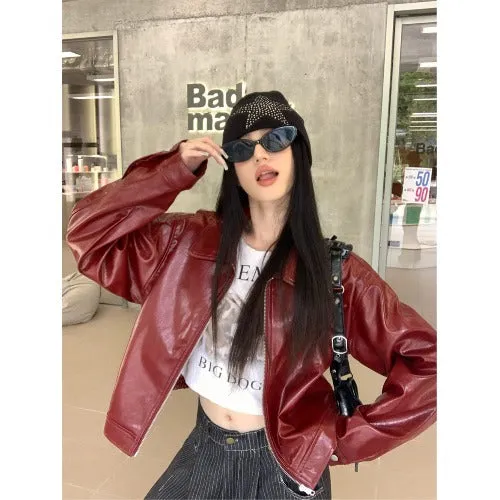 Wjczt 2024 fall fashion trends 2024 New American Retro Red Lapel Leather Coat Women's Early Autumn New Sweet Cool Girl Loose Jacket Top