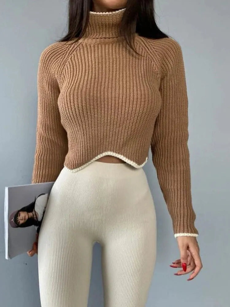 Wjczt Cropped Turtleneck Sweaters For Women Knit Long Sleeve Slim Pullover 2024 New Patchwork Knitwear Crop Sweater Jumper