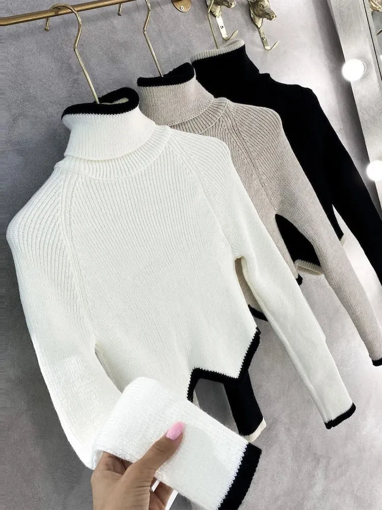 Wjczt Cropped Turtleneck Sweaters For Women Knit Long Sleeve Slim Pullover 2024 New Patchwork Knitwear Crop Sweater Jumper